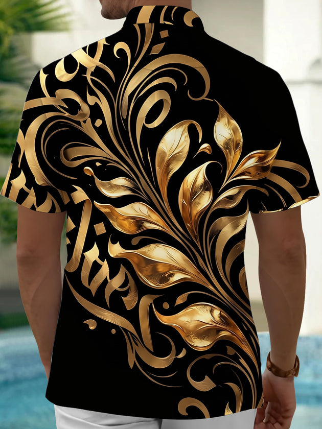 Adaychic Men's Gold Baroque Scroll And Leaf Pattern Short Sleeve Shirt with Chest Pocket