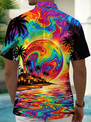 Adaychic Men's Short Sleeve Shirt - Psychedelic Rainbow Sunset With Palm Trees And Beach Huts Print with Chest Pocket