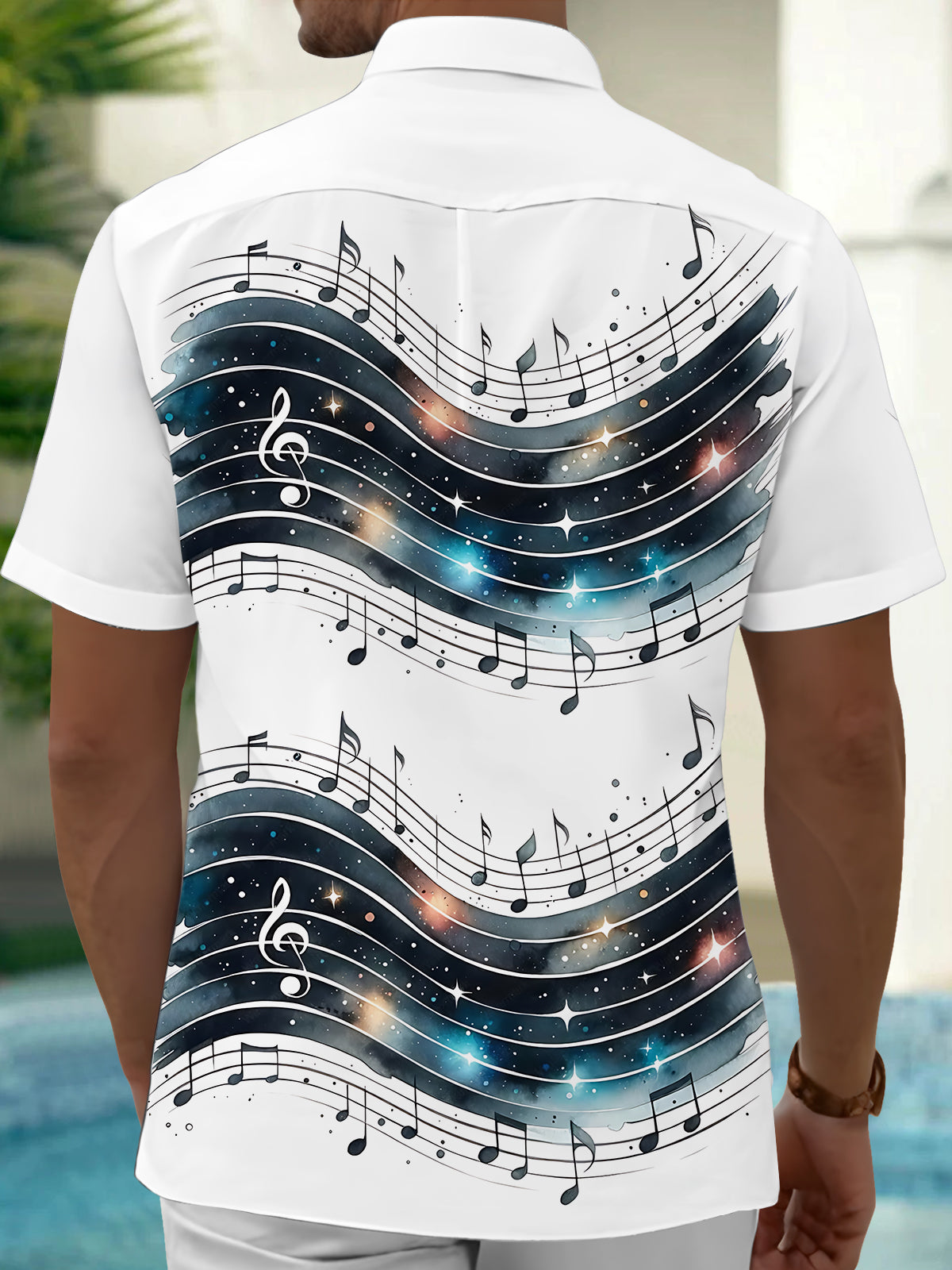 Adaychic Men's Graphic Music Notes On Staff Print Short Sleeve Shirt with Chest Pocket