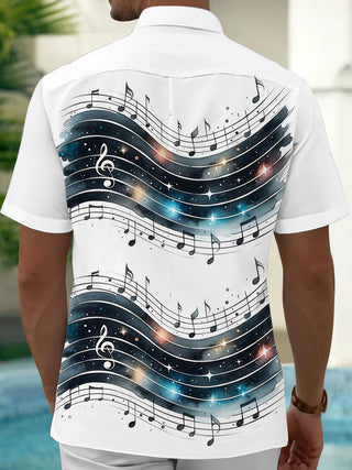 Adaychic Men's Graphic Music Notes On Staff Print Short Sleeve Shirt with Chest Pocket