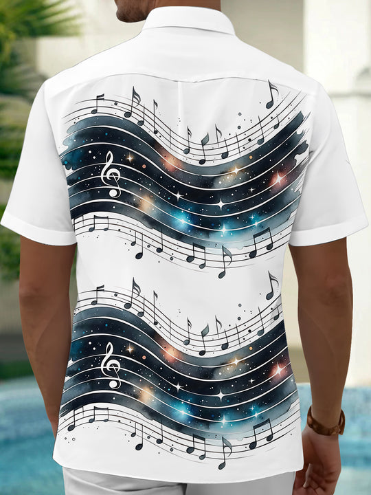 Adaychic Men's Graphic Music Notes On Staff Print Short Sleeve Shirt with Chest Pocket