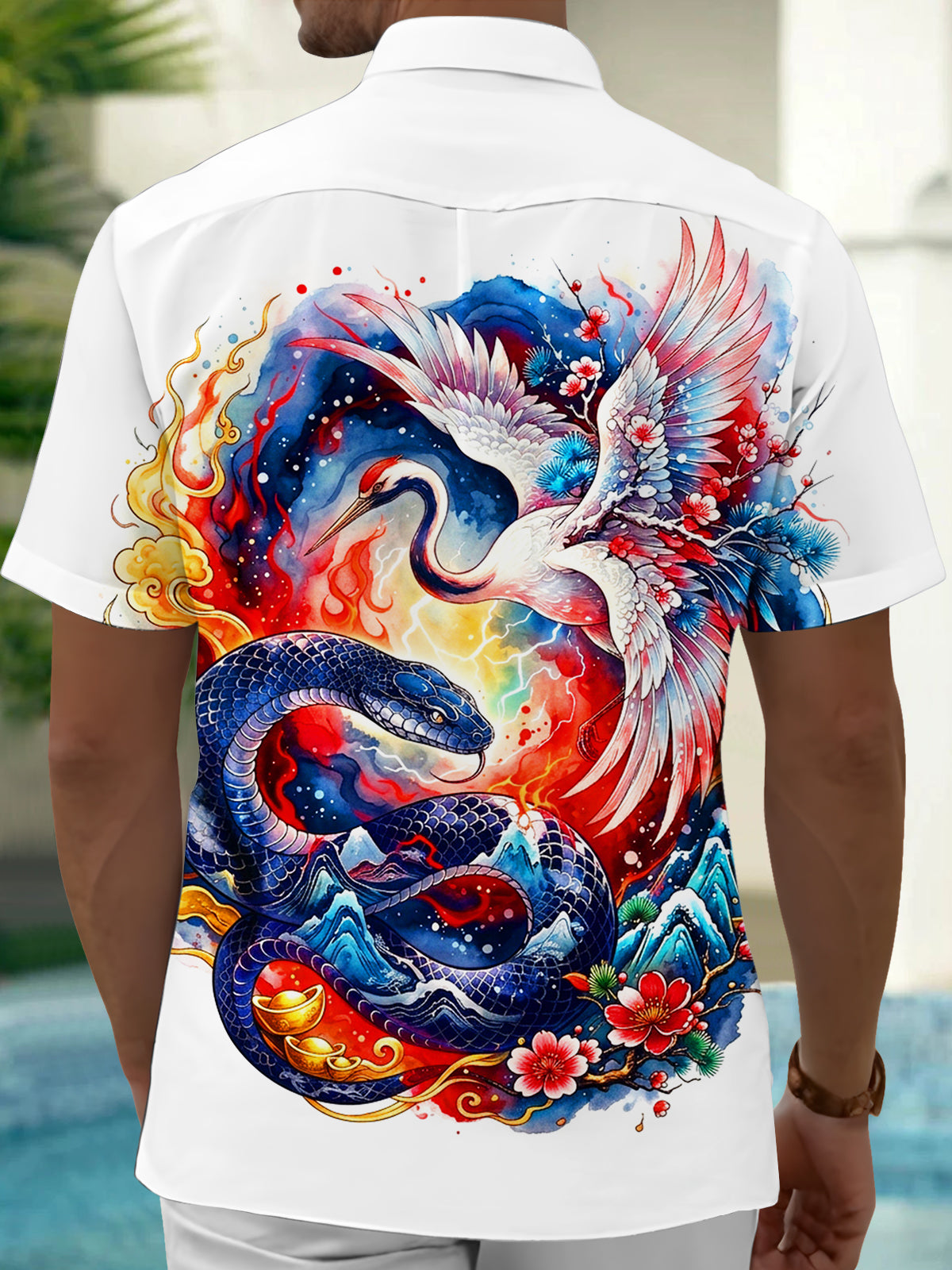 Adaychic Men's Short Sleeve Shirt - Crane And Snake With Mountains And Flowers Print with Chest Pocket