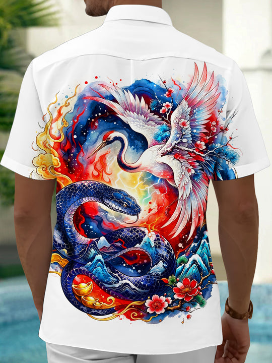 Adaychic Men's Short Sleeve Shirt - Crane And Snake With Mountains And Flowers Print with Chest Pocket