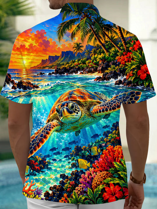 Adaychic Men's Hawaiian Sea Turtle And Coral Reef Print Short Sleeve Shirt with Chest Pocket