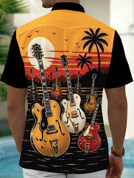 Adaychic Men's Hawaiian Tropical Guitar Palm Tree Sunset Print Short Sleeve Button Down Shirt with Chest Pocket