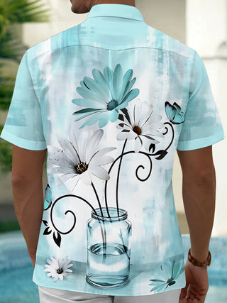 Adaychic Men's Printed Flower Vase Print Short Sleeve Shirt with Chest Pocket
