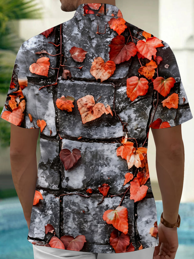 Adaychic Men's Printed Autumn Leaves On Stone Wall Print Short Sleeve Shirt with Chest Pocket