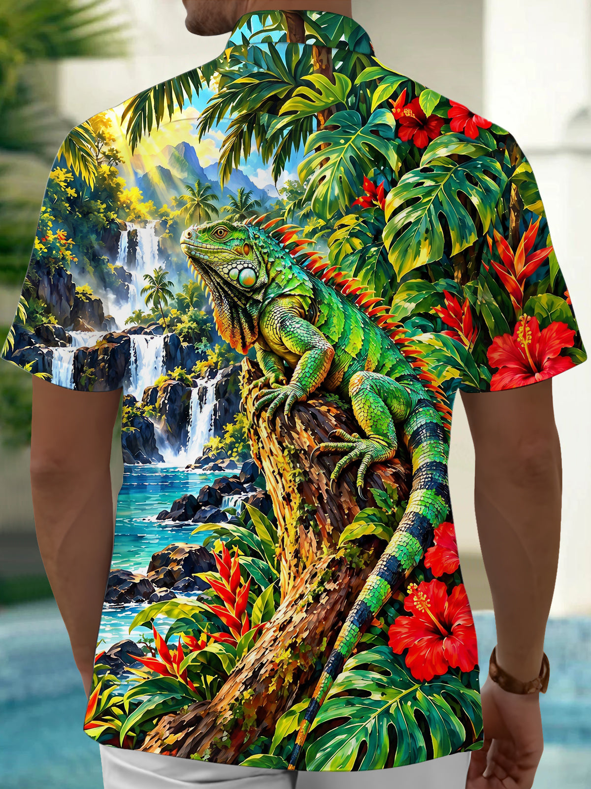 Adaychic Men's Hawaiian Green Iguana On Tree Trunk Print Short Sleeve Shirt with Chest Pocket
