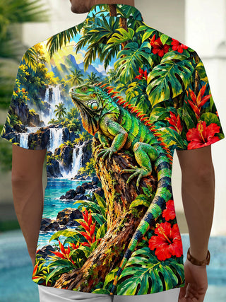 Adaychic Men's Hawaiian Green Iguana On Tree Trunk Print Short Sleeve Shirt with Chest Pocket