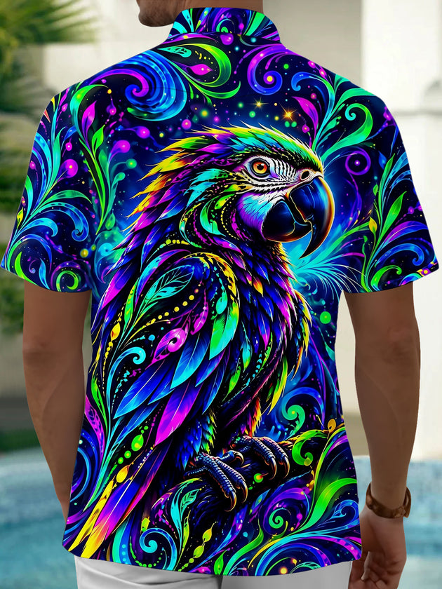 Adaychic Men's Neon Parrot With Swirling Patterns Print Short Sleeve Shirt with Chest Pocket