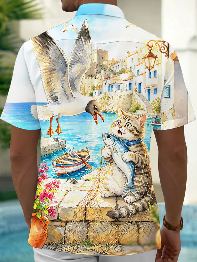 Adaychic Men's Hawaiian Cat Holding Fish And Seagull Print Short Sleeve Shirt with Chest Pocket