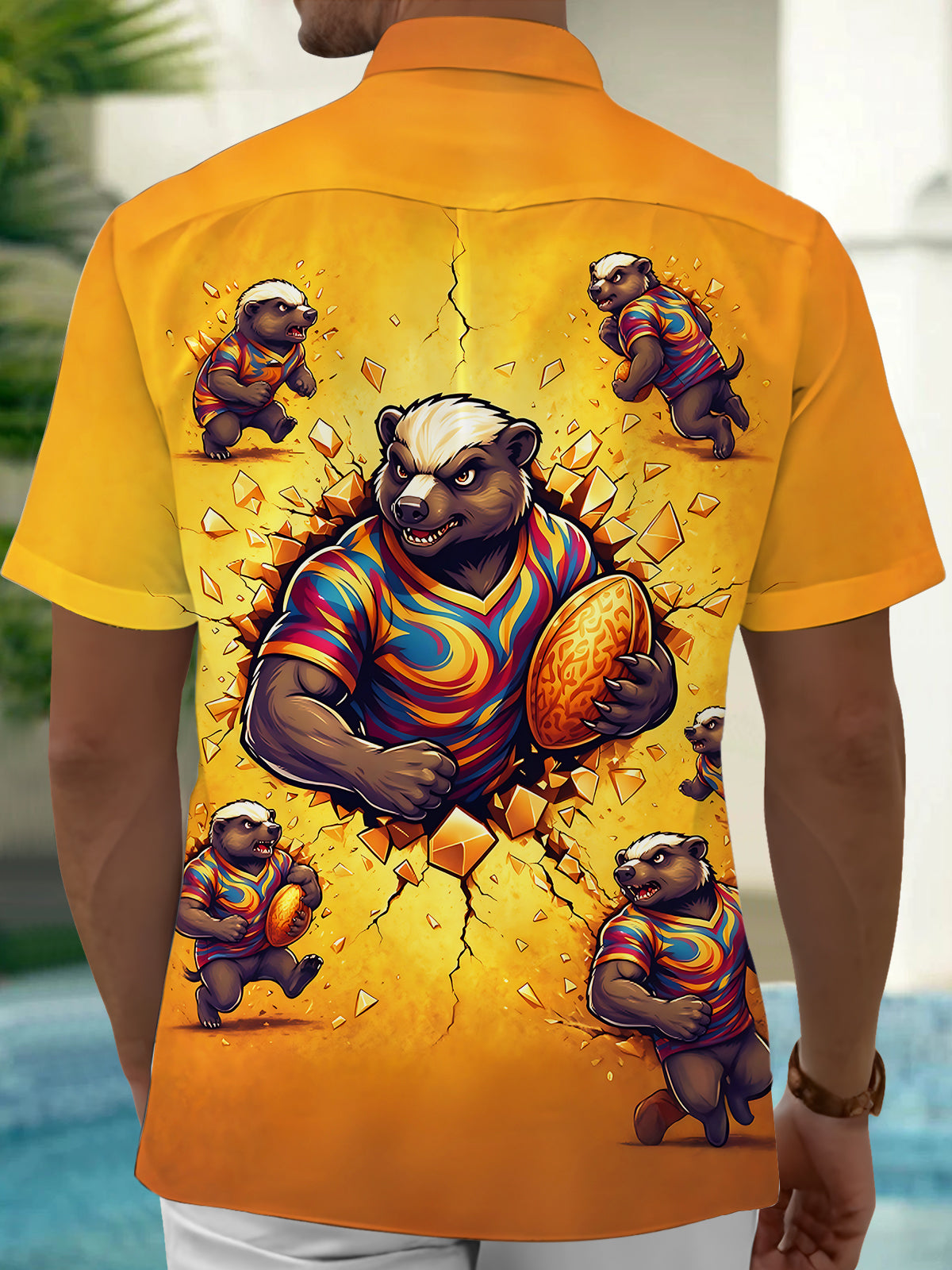 Adaychic Men's Hawaiian Honey Badger Rugby Player Print Short Sleeve Shirt with Chest Pocket
