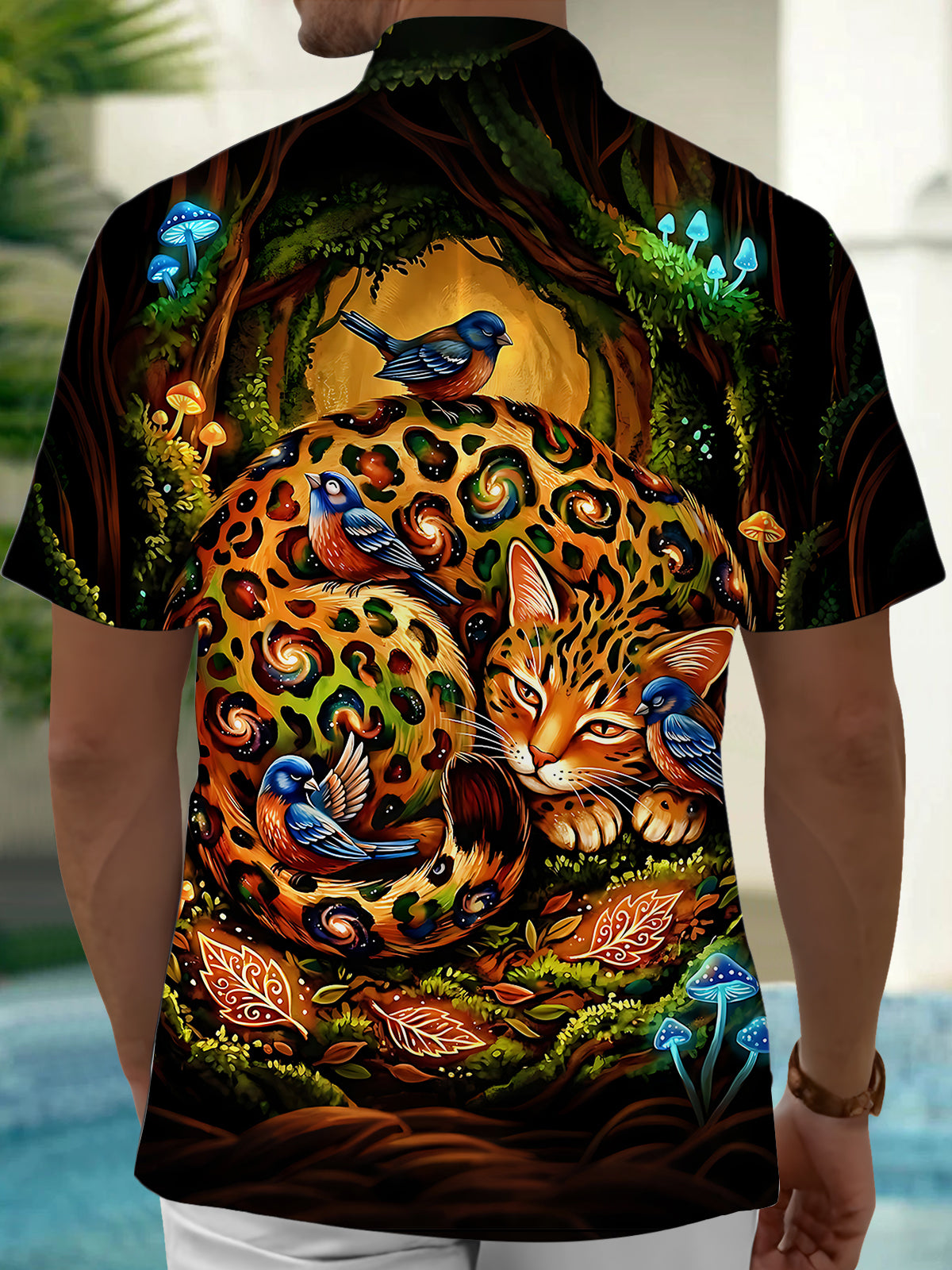 Adaychic Men's Hawaiian Forest Leopard Cat Print Short Sleeve Shirt with Chest Pocket