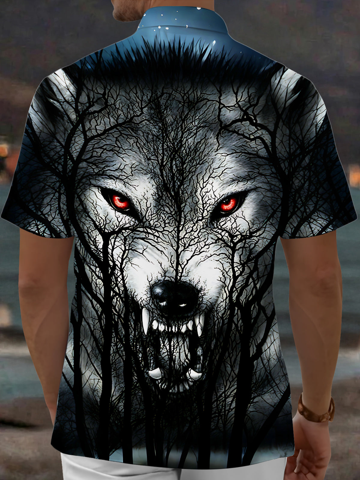 Adaychic Forest Angry Wolf Men's Short Sleeve Shirt with Chest Pocket