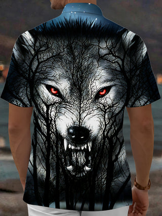 Adaychic Forest Angry Wolf Men's Short Sleeve Shirt with Chest Pocket