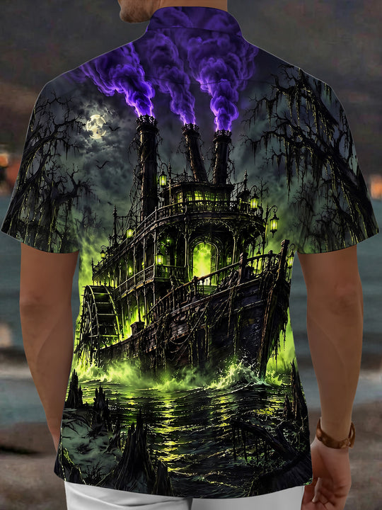 Adaychic Men's Short Sleeve Shirt - Halloween Ghostly Steamboat With Green Fog And Purple Smoke Print with Chest Pocket