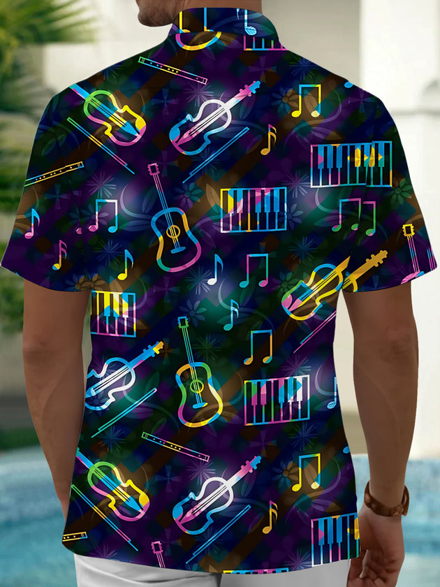 Adaychic Men's Hawaiian Musical Instruments Print Short Sleeve Shirt with Chest Pocket