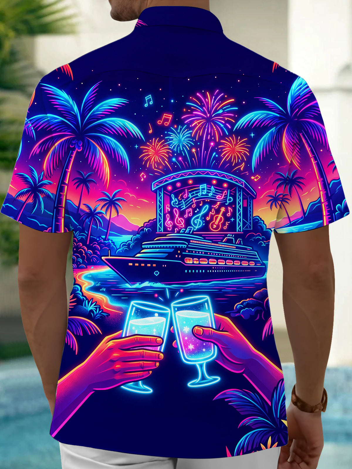 Adaychic Men's Hawaiian Neon Palm Trees And Fireworks Print Short Sleeve Shirt with Chest Pocket