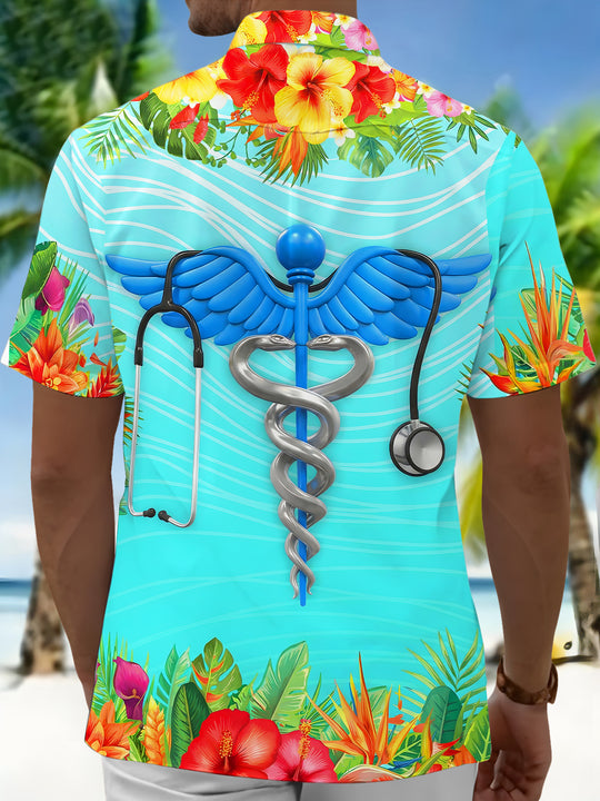 Men's Hawaiian floral short sleeve shirt back view