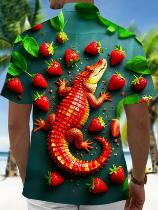Adaychic Strawberry Crocodile Men's Short Sleeve Shirt with Chest Pocket