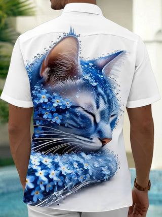 Adaychic Men's Printed Blue Cat Portrait Print Short Sleeve Shirt with Chest Pocket