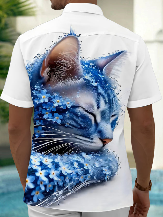 Adaychic Men's Printed Blue Cat Portrait Print Short Sleeve Shirt with Chest Pocket