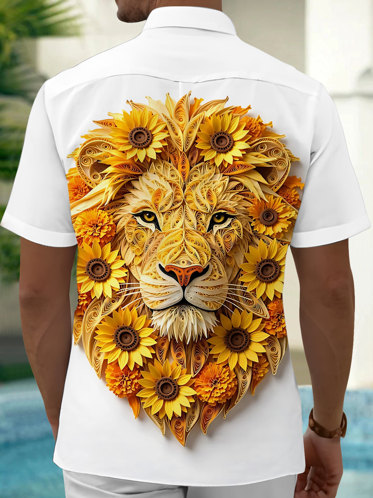 Adaychic Men's Printed Quilled Lion Face Print Short Sleeve Shirt with Chest Pocket