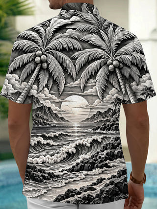Adaychic Men's Hawaiian Palm Trees And Coconuts Print Short Sleeve Shirt with Chest Pocket