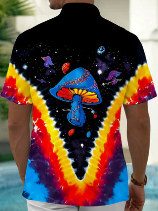 Adaychic Men's Tie Dye Cosmic Mushroom Print Short Sleeve Shirt with Chest Pocket