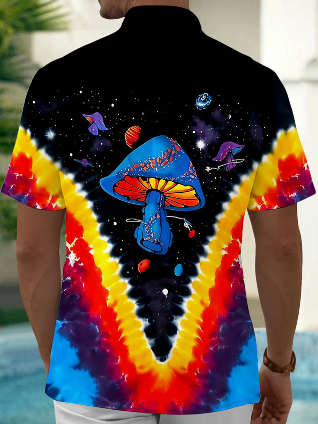 Adaychic Men's Tie Dye Cosmic Mushroom Print Short Sleeve Shirt with Chest Pocket