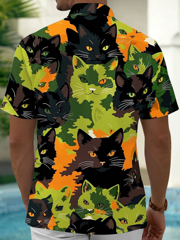 Adaychic Men's Hawaiian Cat Faces Print Camouflage Pattern Short Sleeve Shirt with Chest Pocket