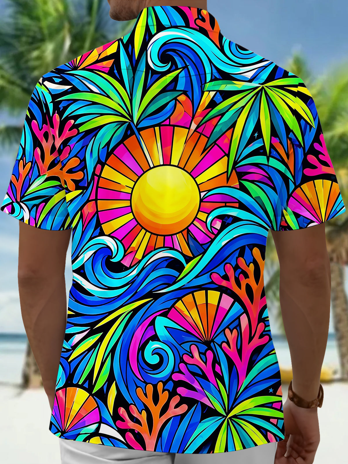 Adaychic Men's Hawaiian Sun Waves Coral Geometry Print Short Sleeve Shirt with Chest Pocket