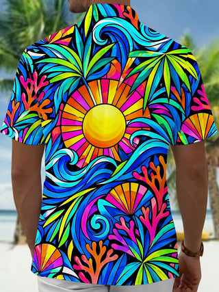 Adaychic Men's Hawaiian Sun Waves Coral Geometry Print Short Sleeve Shirt with Chest Pocket