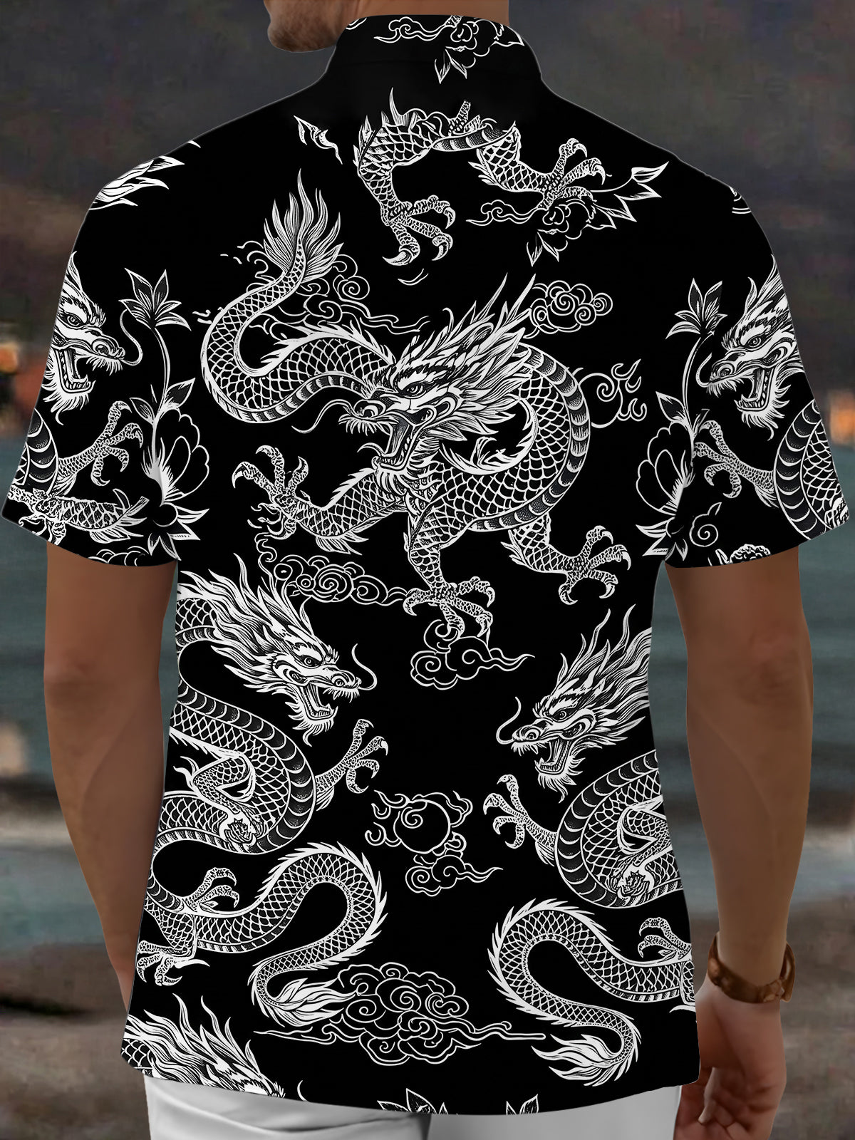 Adaychic Men's Hawaiian Chinese Dragon Print Short Sleeve Shirt with Chest Pocket