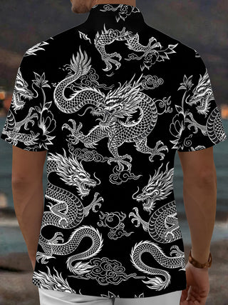 Adaychic Men's Hawaiian Chinese Dragon Print Short Sleeve Shirt with Chest Pocket