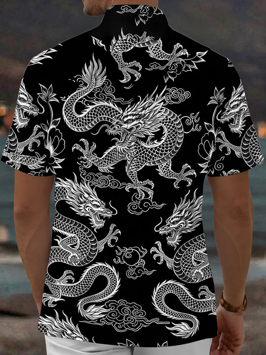 Adaychic Men's Hawaiian Chinese Dragon Print Short Sleeve Shirt with Chest Pocket