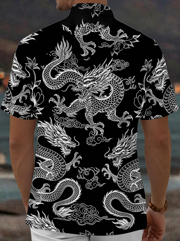 Adaychic Men's Hawaiian Chinese Dragon Print Short Sleeve Shirt with Chest Pocket