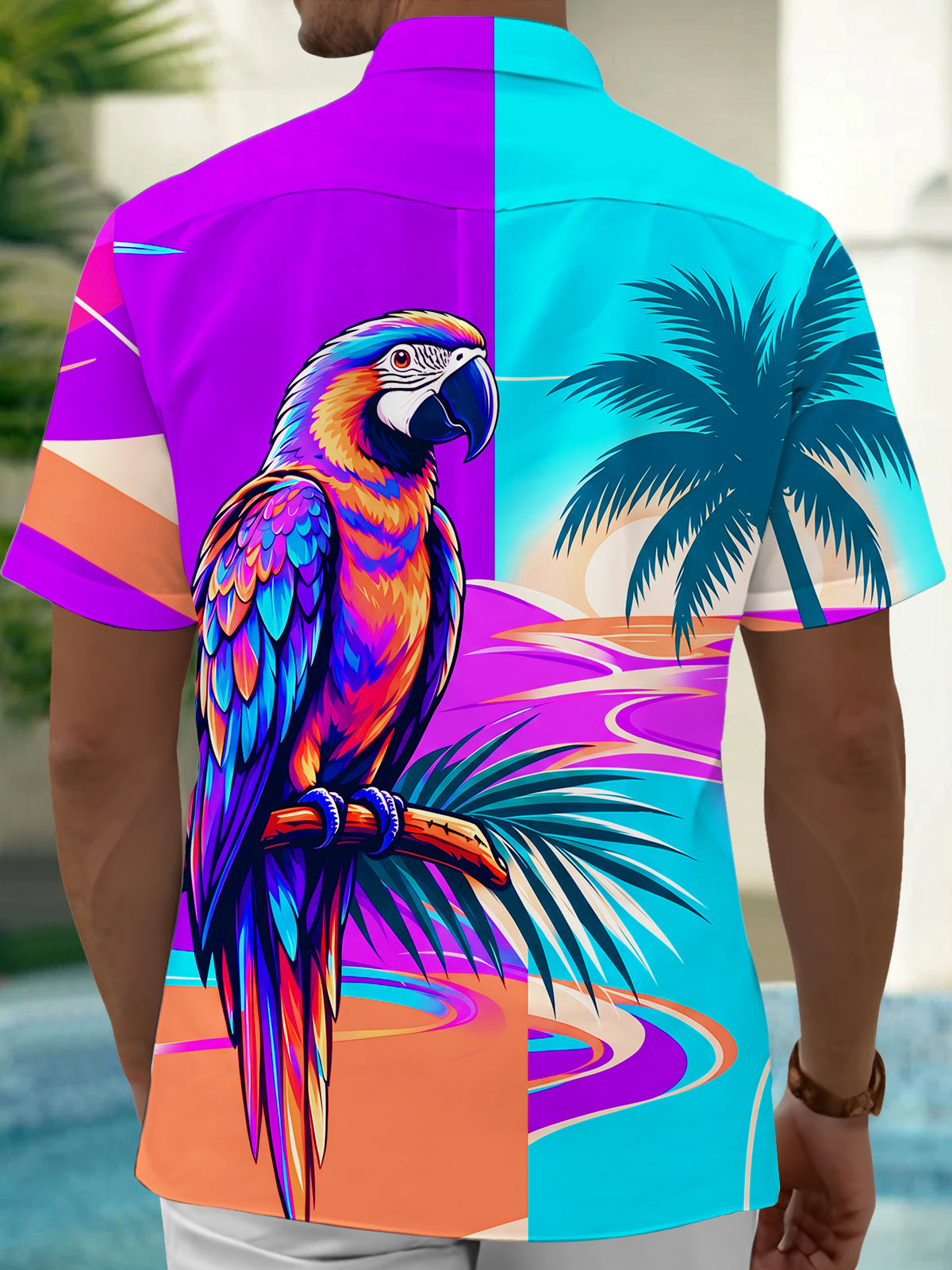 Adaychic Men's Hawaiian Macaw Parrot And Palm Trees Print Short Sleeve Shirt with Chest Pocket