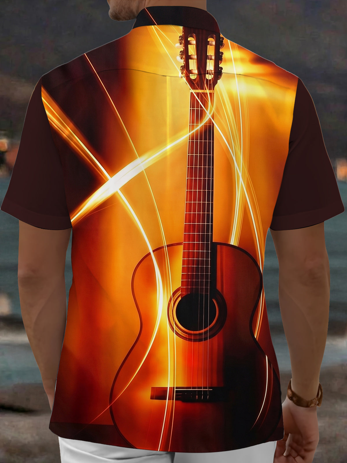 Adaychic Men's Graphic Guitar Print Light Streaks Print Short Sleeve Shirt with Chest Pocket