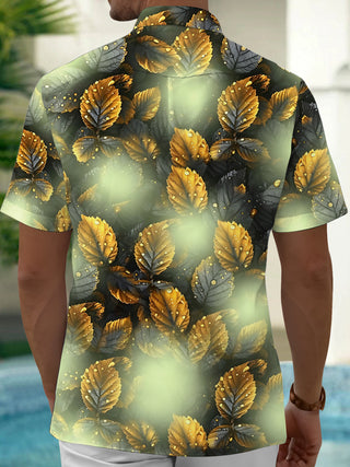 Adaychic Men's Hawaiian Golden Leaf Pattern Short Sleeve Shirt with Chest Pocket