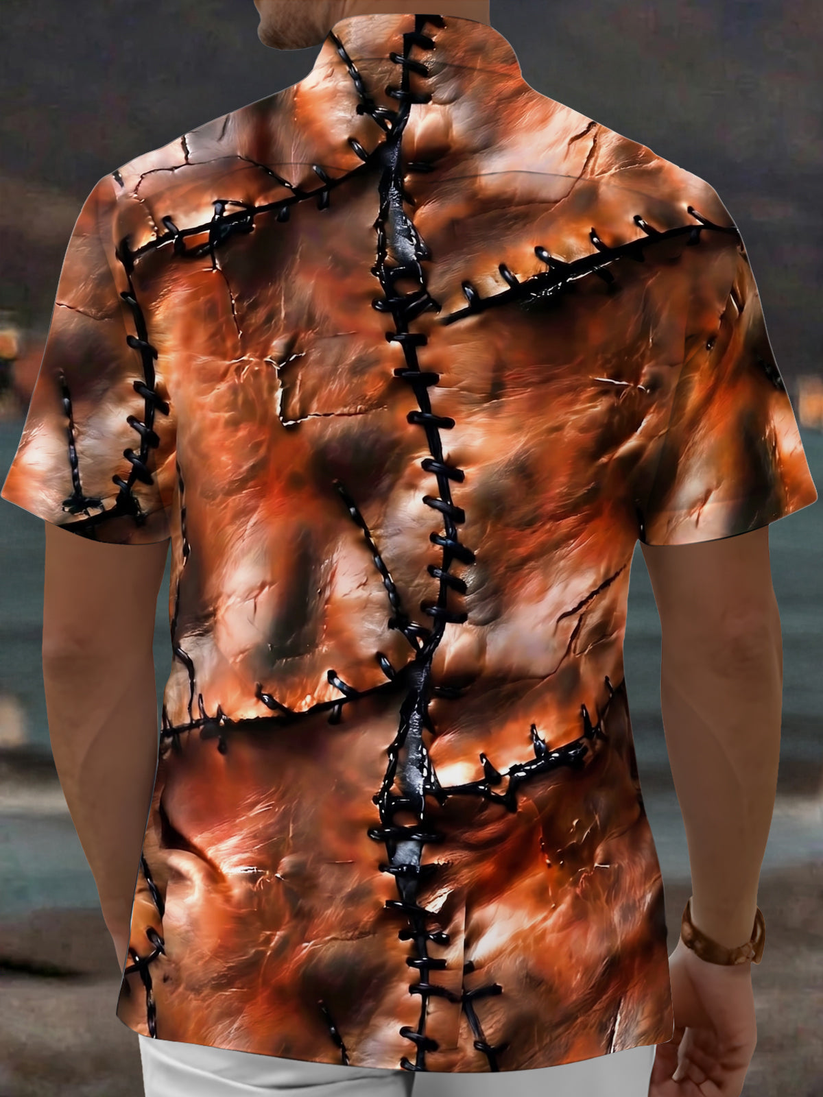 Adaychic Men's Vintage Style Leather Patchwork Print Short Sleeve Shirt with Chest Pocket