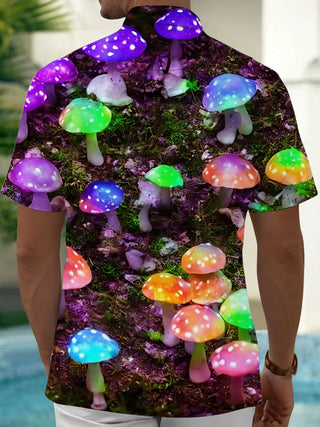 Adaychic Men's Printed Colorful Mushroom Print Short Sleeve Shirt with Chest Pocket