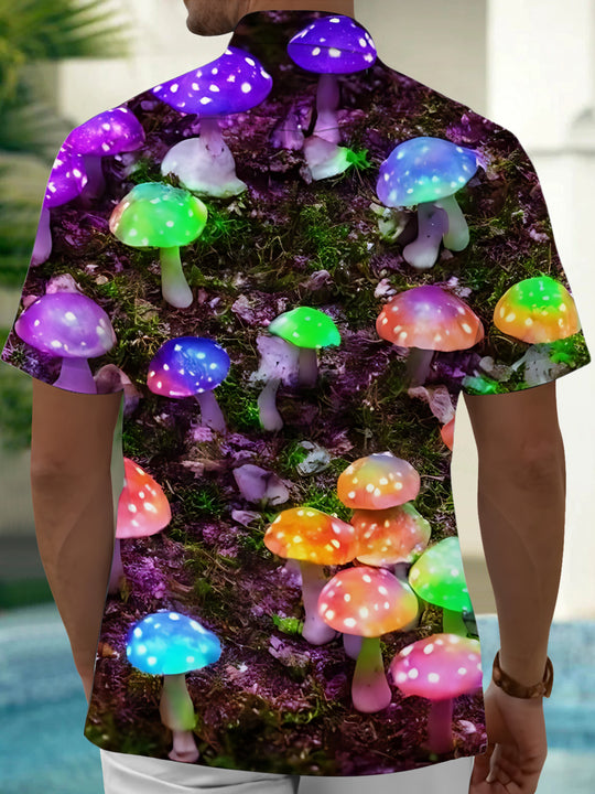 Adaychic Men's Printed Colorful Mushroom Print Short Sleeve Shirt with Chest Pocket