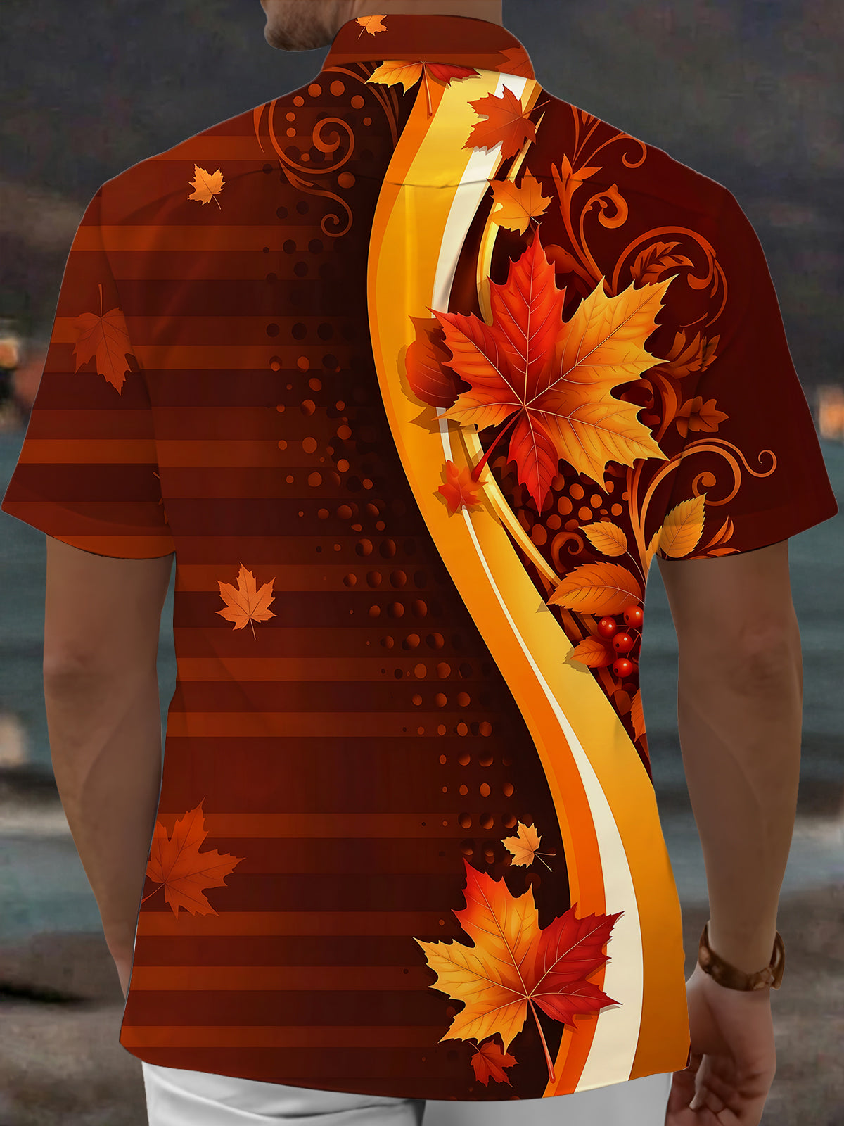 Adaychic Men's Hawaiian Autumn Maple Leaves Print Short Sleeve Shirt with Chest Pocket