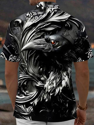 Adaychic Men's Graphic Crow Bird Print Short Sleeve Shirt with Chest Pocket