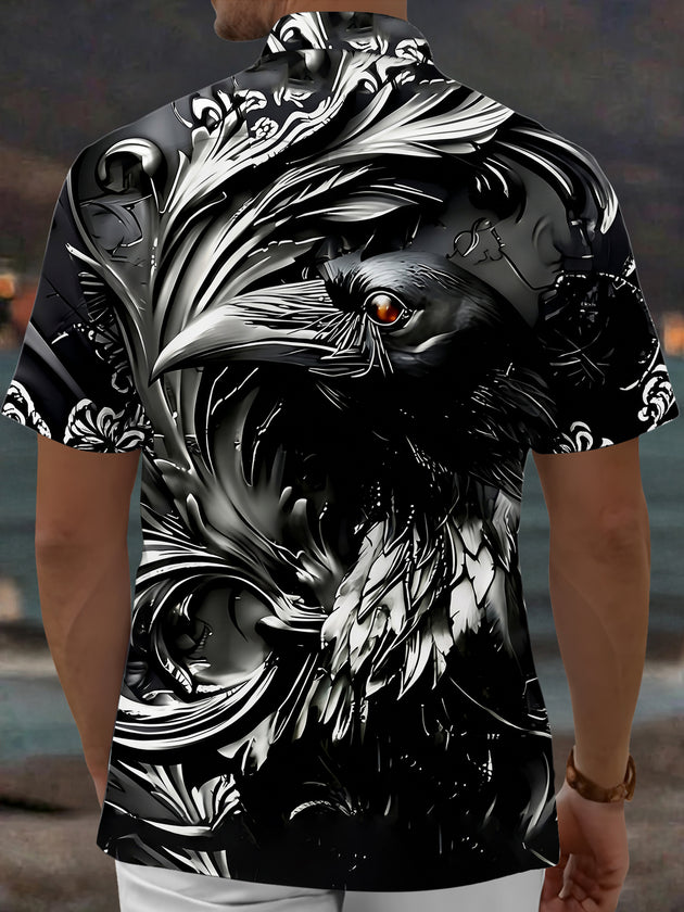 Adaychic Men's Graphic Crow Bird Print Short Sleeve Shirt with Chest Pocket