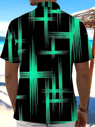 Adaychic Men's Hawaiian Geometric Grid Lines Print Short Sleeve Shirt with Chest Pocket