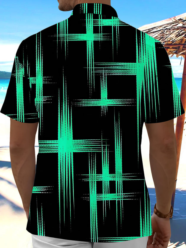 Adaychic Men's Hawaiian Geometric Grid Lines Print Short Sleeve Shirt with Chest Pocket