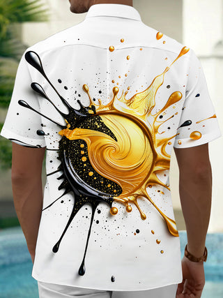 Adaychic Men's Graphic Abstract Gold And Black Splash Print Short Sleeve Shirt with Chest Pocket