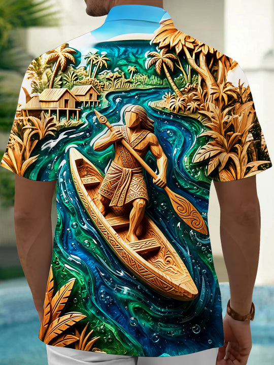 Adaychic Wood Carving Polynesian Canoe Men's Pocket Short Sleeve Shirts